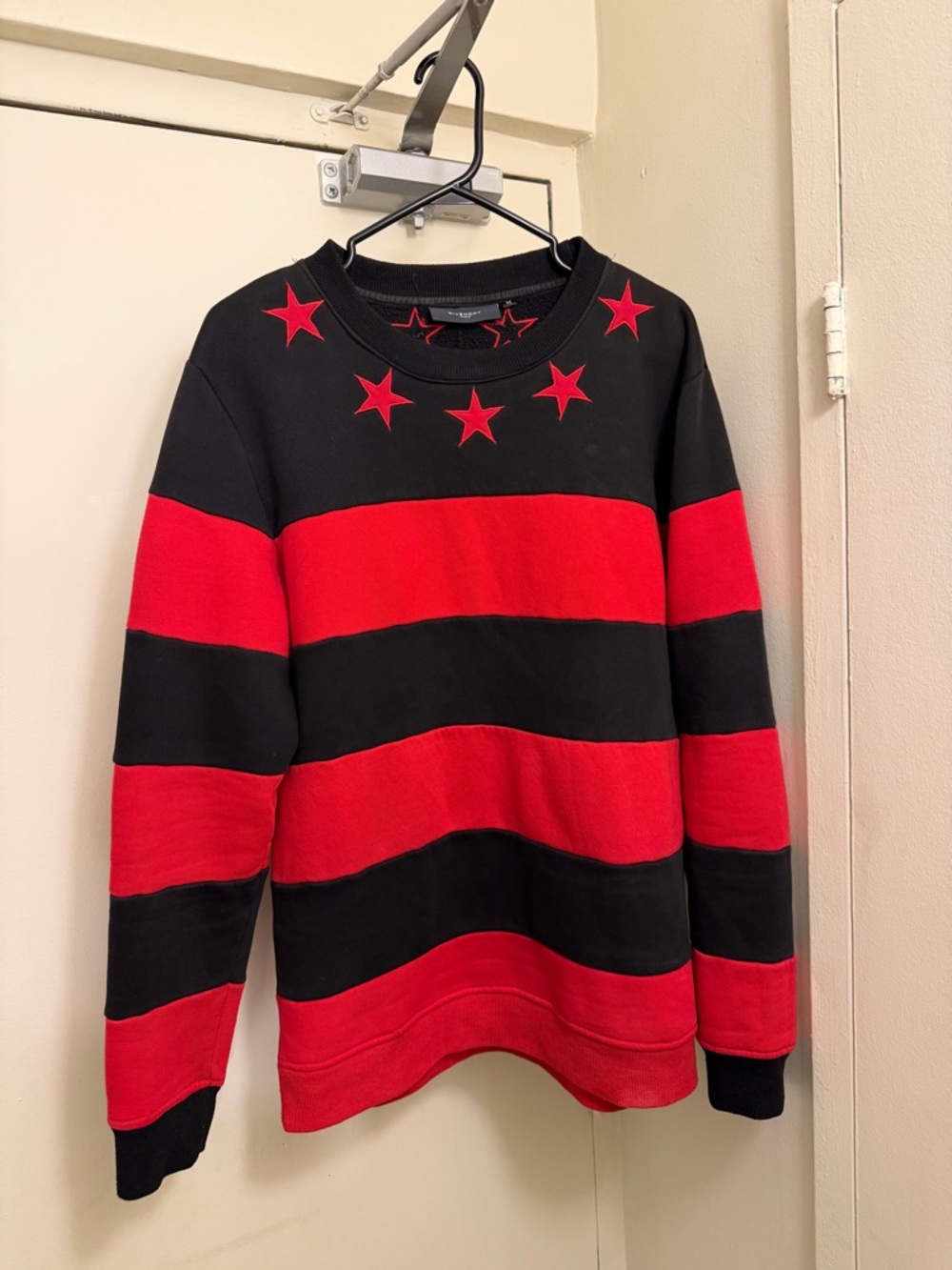 Givenchy Black and Red Striped Crewneck Sweatshirt with Star Accents